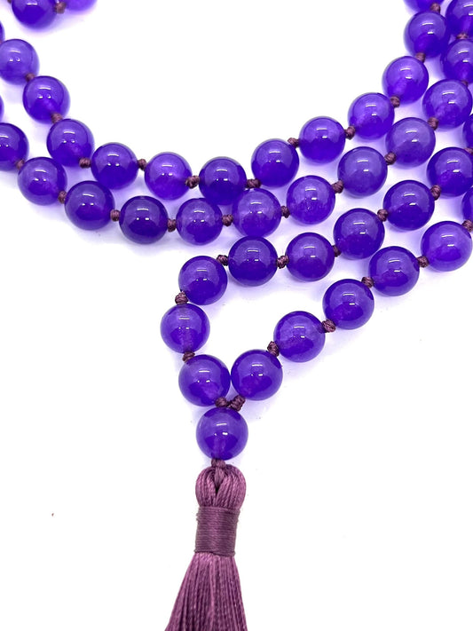 Calming & Balancing Purple Jade Mala Necklace with Tassel (8mm 108 Beads) - Taurus & Libra Birthstone - Heart Chakra Harmony