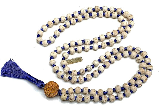 AWAKEN YOUR KUNDALINI Spiritual Harmony Tulsi Mala Necklace with 5 Mukhi Rudraksha - Cancerian Birthstone - Heart & Sacral Chakra Balance