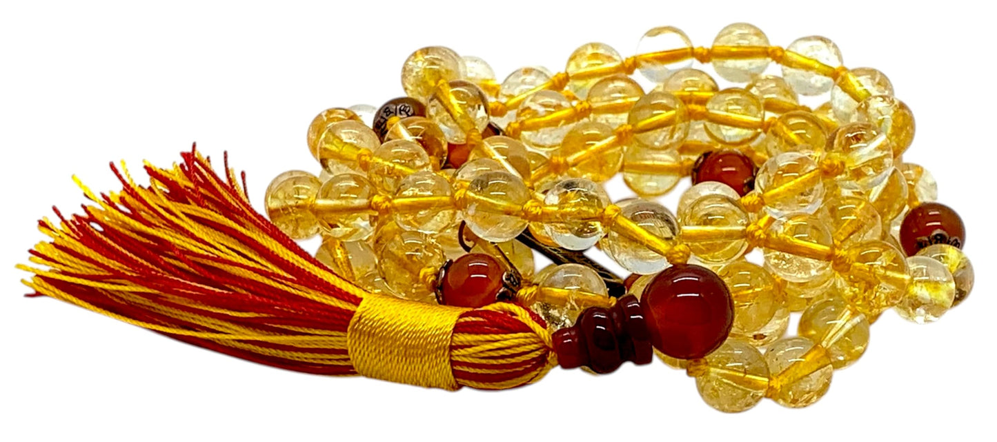 Citrine And Carnelian Mala Beads Necklace, 108 Beads – November & July Birthstone Necklace – Sagittarius & Cancer Zodiac – Sacral & Solar Plexus Chakra