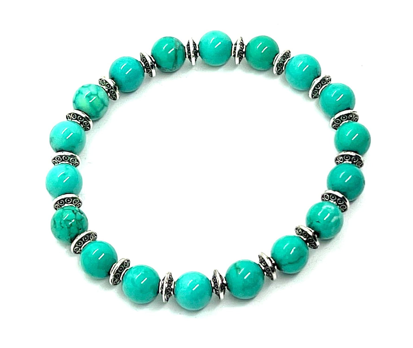 Handmade Turquoise Stretch Bracelet (8mm Beads, Silver Spacers) - Sagittarius Birthstone, Zodiac Sign, and Throat Chakra - Wrist Size Approx. 7 Inches