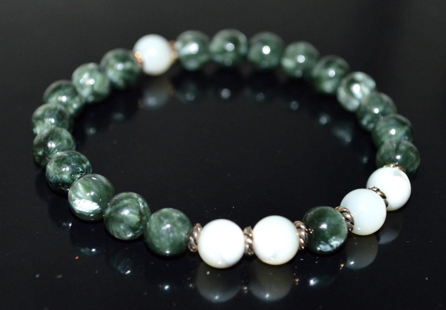 Seraphinite and Mother of Pearl Beads Stretch Bracelet - Universal Birthstone - Heart Chakra Jewelry