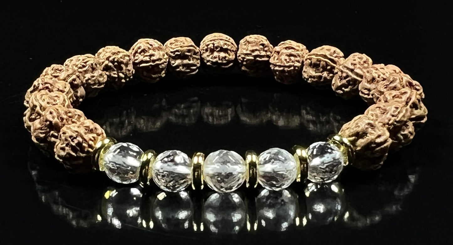 5 Mukhi Chikna Rudraksha Bracelet with Crystal Quartz | Stretch Beads for Balance & Clarity