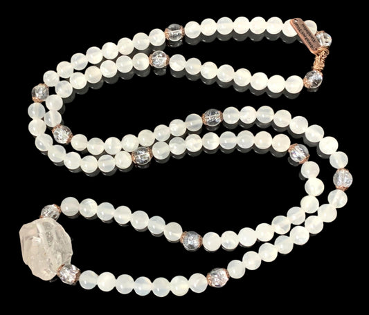 Selenite & Quartz Stretchable Mala Necklace| Crown & Third Eye Chakra