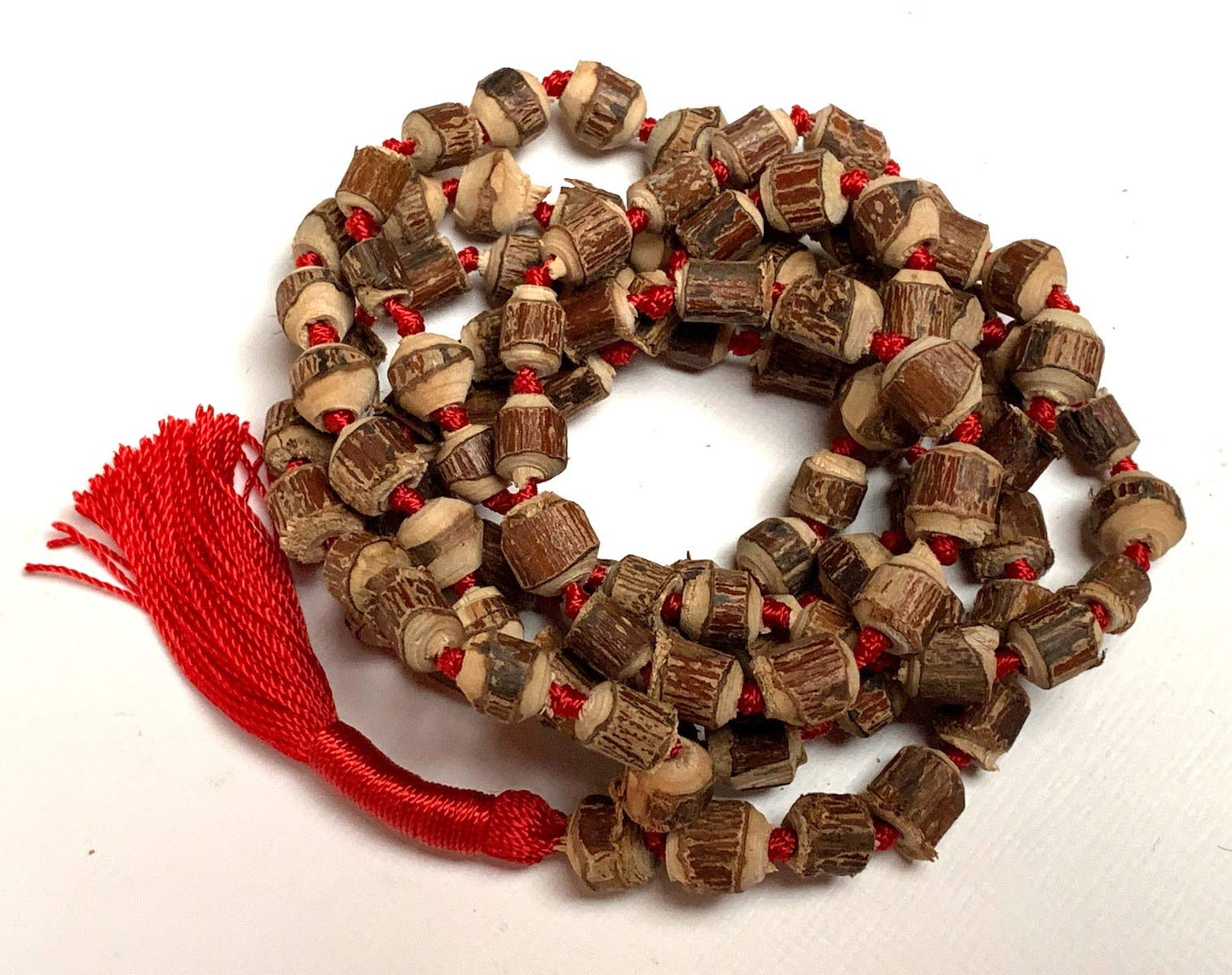 Tulsi mala beads necklace - Energized hand knotted Holy Basil 108 beads w/Velvet Pouch - PURE RAW CUT ROUGH Prayer beads - chanting mantra Meditation - Red Blue Green Orange String (RED)