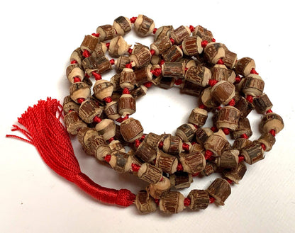 Tulsi mala beads necklace - Energized hand knotted Holy Basil 108 beads w/Velvet Pouch - PURE RAW CUT ROUGH Prayer beads - chanting mantra Meditation - Red Blue Green Orange String (RED)