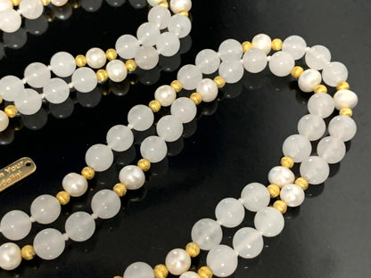 Hand-Knotted Selenite Pearl Mala Necklace with Hematite Guru Bead, 8mm, 108 Beads – Cancer Birthstone for June July - Third Eye Chakra Necklace