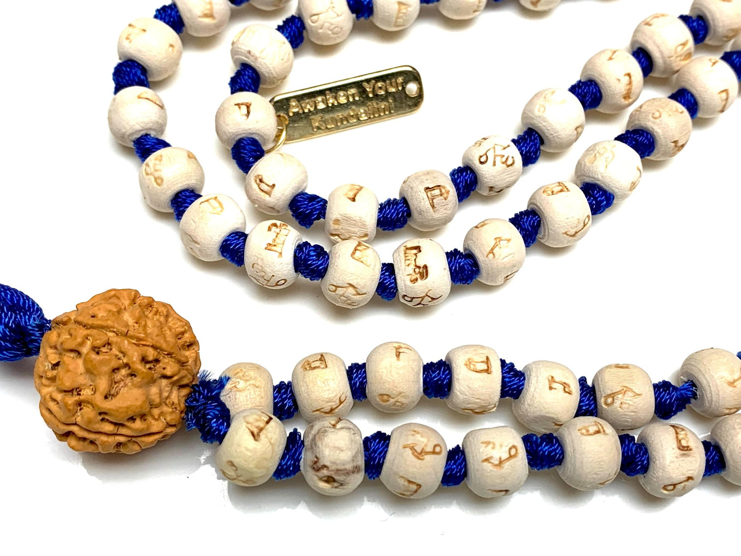 Tulsi Mala Beads Necklace w/ 5 Mukhi Rudraksha – 8mm Beads with "Ram" Inscription – Root Chakra & Aries Birthstone – Meditation Jewelry