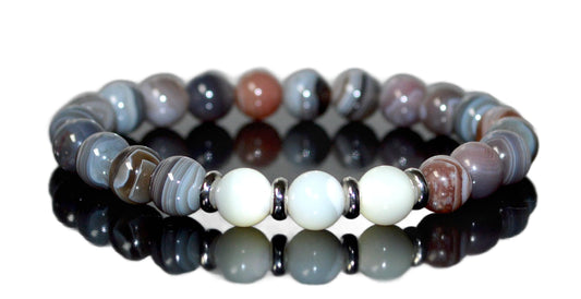 Botswana Agate and Mother of Pearl Stretch Bracelet - Gemini Birthstone for May - Heart Chakra - Astrological Sign Taurus