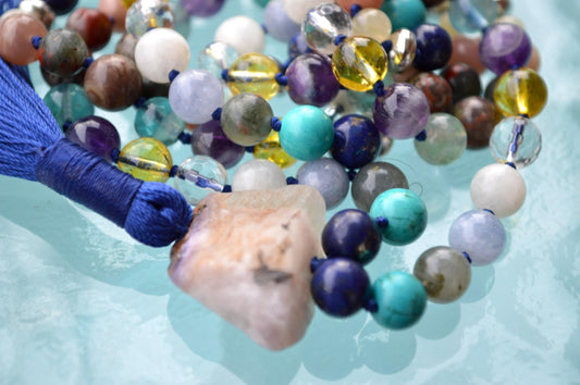 Hand-Knotted Pisces Mala Necklace – February & March Birthstone - Third Eye, Throat, Heart, Solar Plexus and Crown Chakras