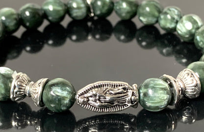 Seraphinite Stretch Bracelet with Choice of Alloy Silver Finish Mother Mary & Holy Cross or Lord Ganesha - Universal Birthstone - Heart & Crown Chakra