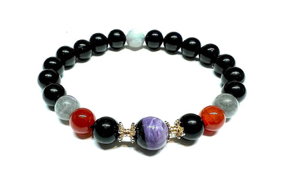 Empath Support Stretch Bracelet - Black Tourmaline, Labradorite, Carnelian, Charoite - 8mm Beads - Multiple Birthstone & Chakra Association