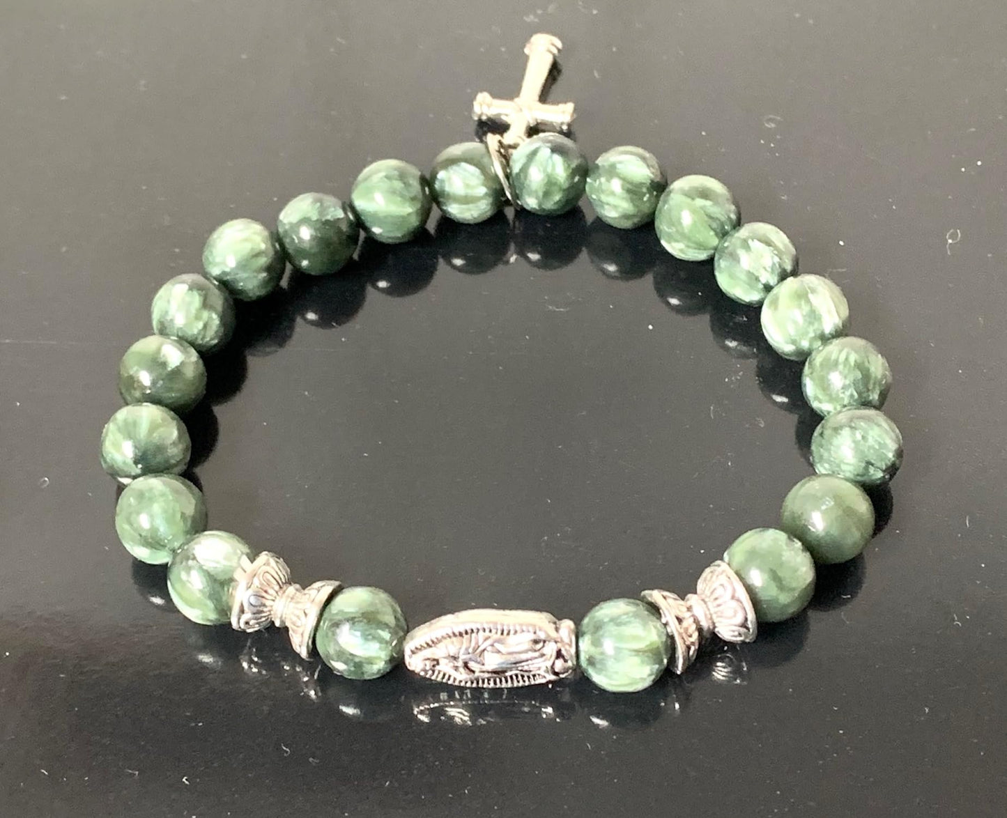 Seraphinite Stretch Bracelet with Choice of Alloy Silver Finish Mother Mary & Holy Cross or Lord Ganesha - Universal Birthstone - Heart & Crown Chakra