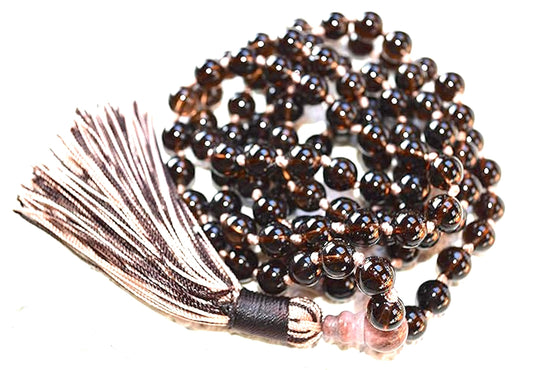 Hand Knotted 8mm Smoky Quartz Mala Necklace with 10mm Rhodonite Guru Bead - Capricorn Birthstone, Root Chakra Alignment - Find Your Inner Peace