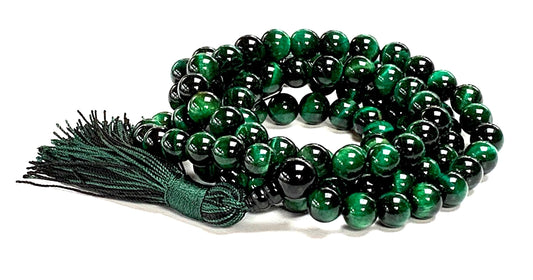 Green Tiger's Eye Tiger Eye Mala Necklace, 8mm 108 Beads, Taurus and Virgo Birthstone Mala, Solar Plexus and Heart Chakra Association