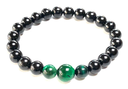 Black Tourmaline and Green Tiger's Eye Stretch Bracelet – Root and Heart Chakra - Scorpio and Sagittarius Birthstone Jewelry