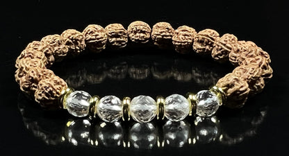 5 Mukhi Chikna Rudraksha Bracelet with Crystal Quartz | Stretch Beads for Balance & Clarity