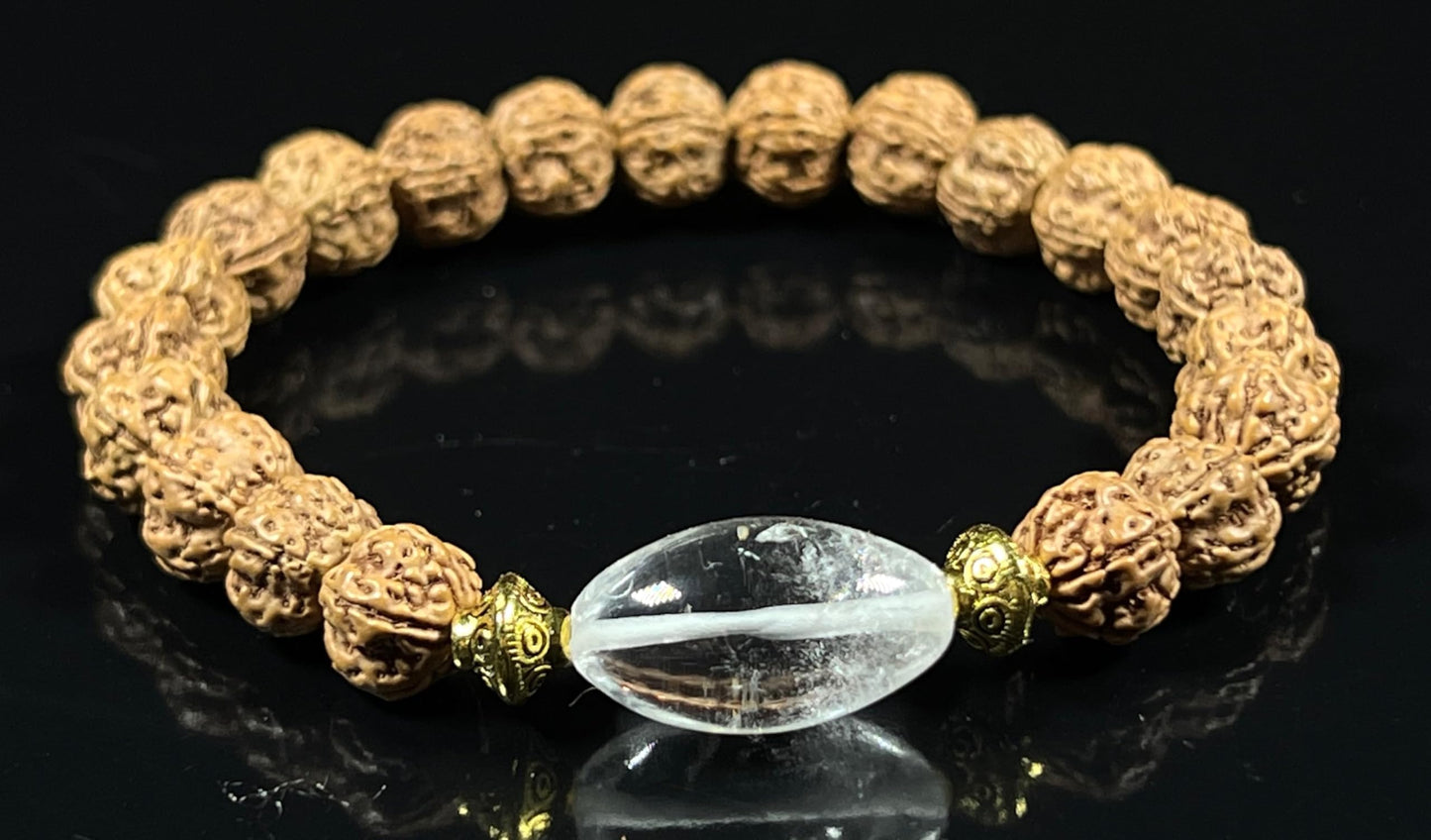 5 Mukhi Pathri Chikna Rudraksha and Himalayan Ice Crystal Quartz Stretch Bracelet – December Birthstone, Sagittarius Astrological Sign, Crown Chakra
