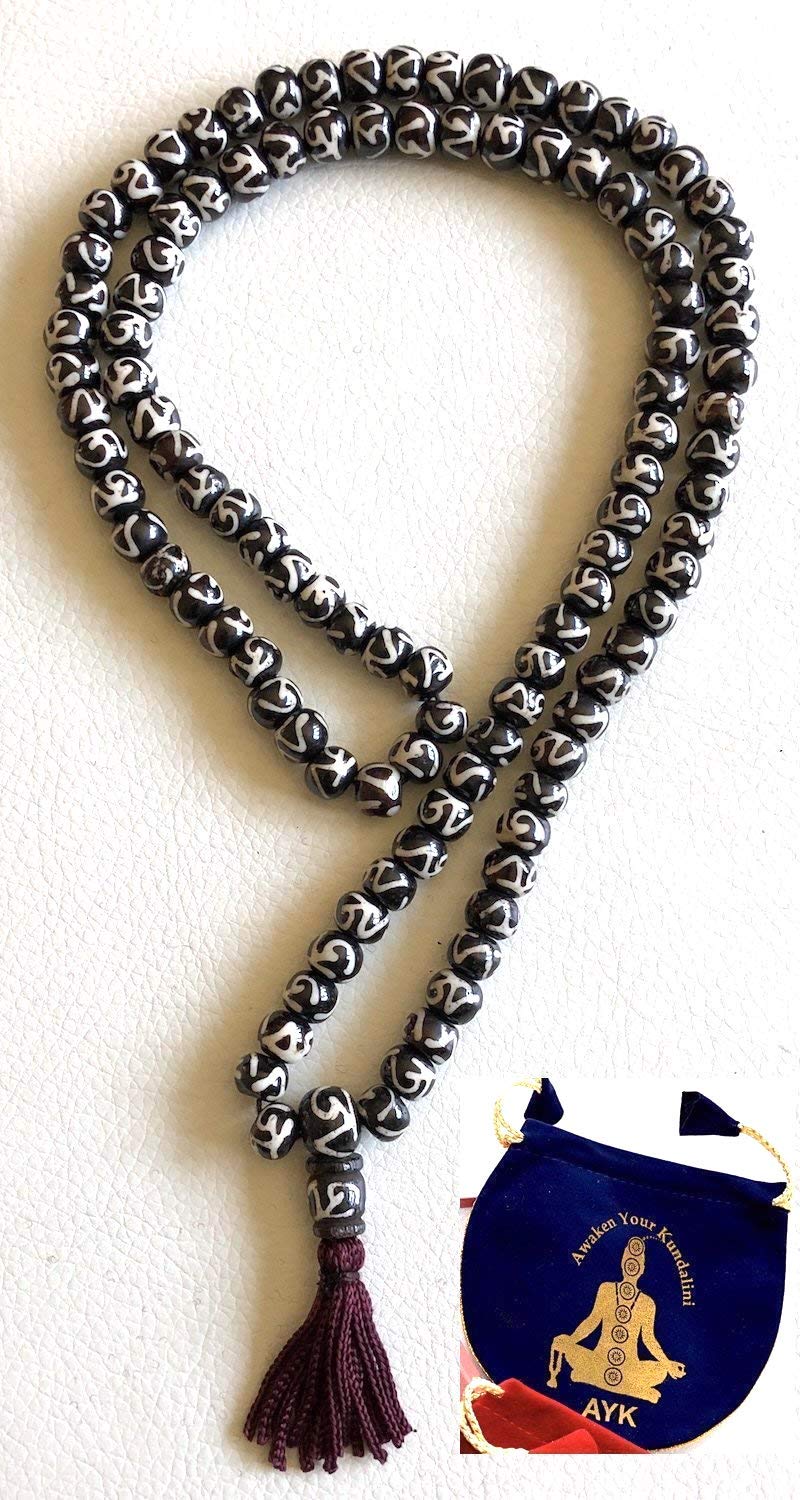 Bone mala beads necklace 108+1 Yakbone mantra chanting beads - Energized 8-10mm Tibetan beads for nirvana tantric sidhi chanting mantra w/Mala Pouch (Black with Om Script on each bead)