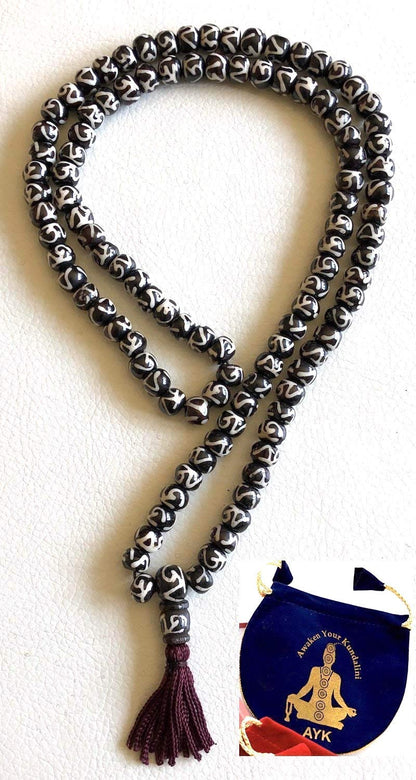 Bone mala beads necklace 108+1 Yakbone mantra chanting beads - Energized 8-10mm Tibetan beads for nirvana tantric sidhi chanting mantra w/Mala Pouch (Black with Om Script on each bead)