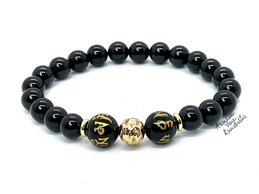 Black Obsidian Mala Bracelet with Engraved Buddhist Mantra - 10mm Crystals - October-November Birthstone for Scorpio - Root Chakra Balancing