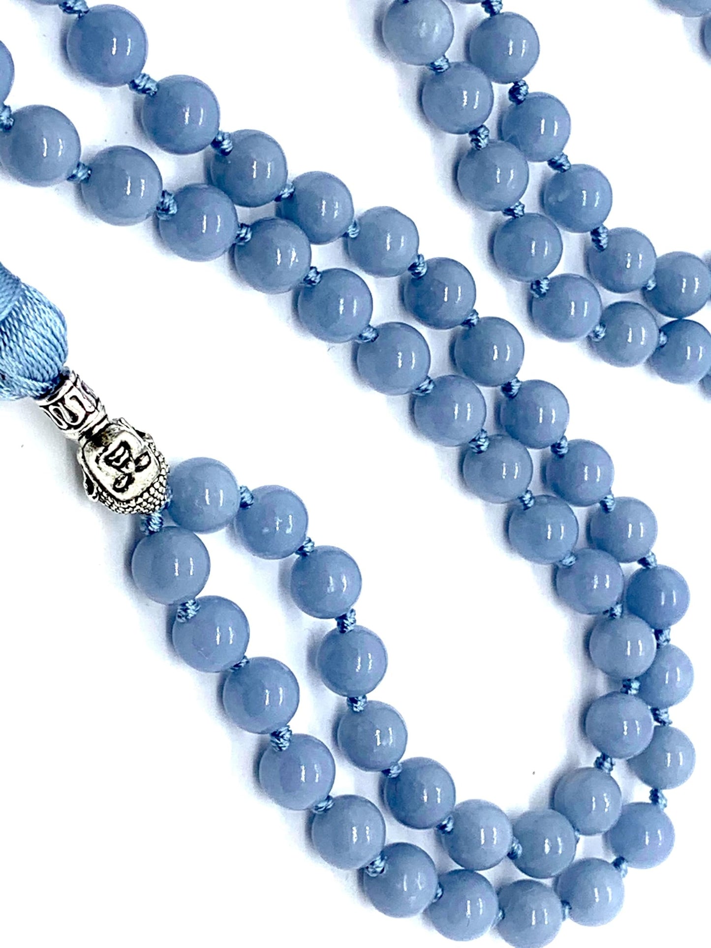 Angelite Beaded Necklace - Hand-Knotted Natural & Ethically Sourced – 8mm 108 Mala Beads – Throat & Crown Chakras – All Zodiac Birthstones – Spiritual Jewelry