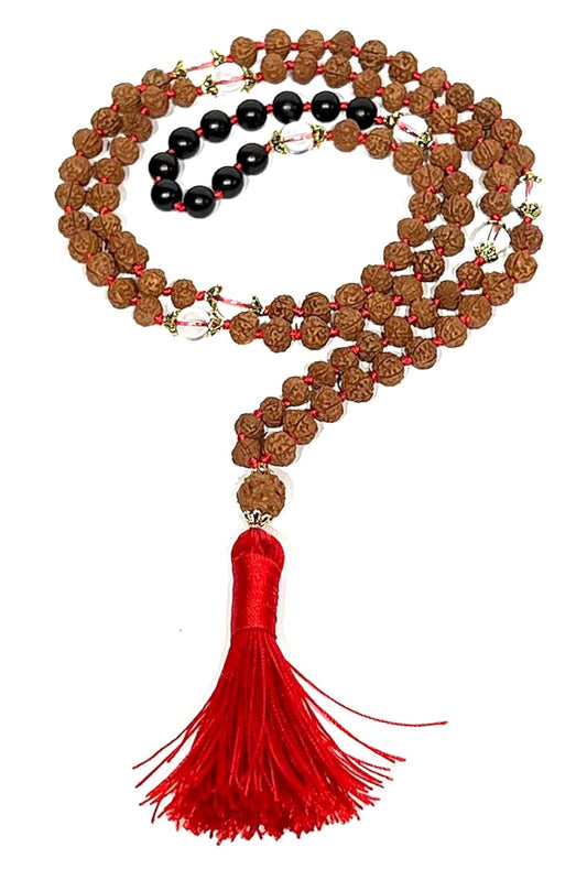 Black Tourmaline, Crystal Quartz & 5 Mukhi Rudraksha Mala Necklace (8mm Beads) - Universal Protection, Purification, and Inner Peace