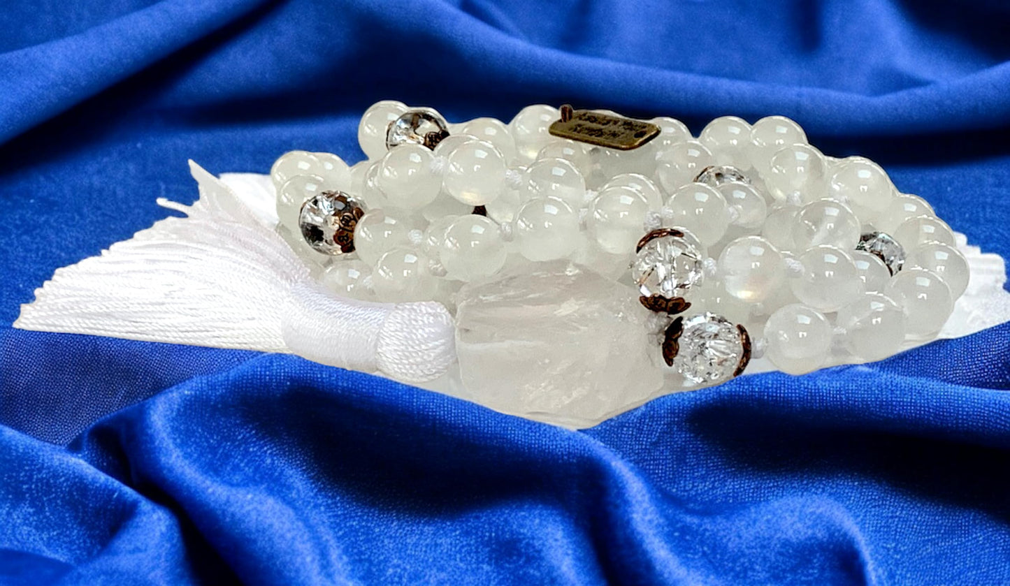AAA Grade 8mm Genuine Natural Selenite & Nirvana Crystal Quartz, Gemstone Mala Bead Necklace, Soul Chakra, Crown Chakra, Jaap Japa, 108 Mala, Energized Mala Beads Necklace, Chakra Mala