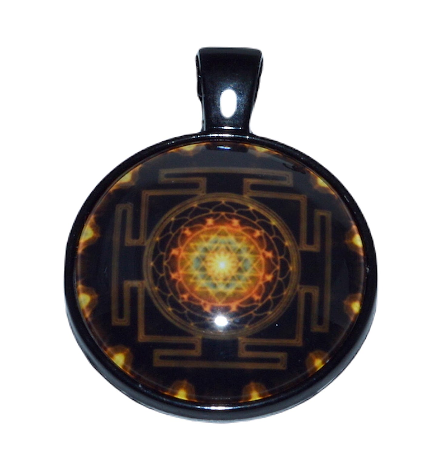 Sri Yantra, Shree Yantram, Kavach Pendant 1" Inch - Sacred Golden polished Hollowed Sri Yantra Pendant Necklace jewelry in High Quality Finish - w/Chain
