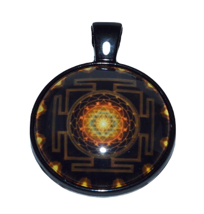 Sri Yantra, Shree Yantram, Kavach Pendant 1" Inch - Sacred Golden polished Hollowed Sri Yantra Pendant Necklace jewelry in High Quality Finish - w/Chain