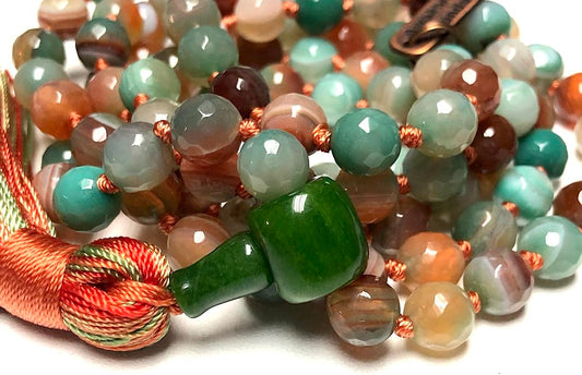 Experience Serenity & Balance with the Hand-Knotted Indian Agate Mala Beads Necklace - Taurus & Gemini Birthstone, Heart & Root Chakra Activation