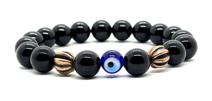 Evil eye Black Onyx bracelet Protective mala beads healing crystal wrist stretch Bracelet 10mm Root Chakra beads Copper healing Bracelet w/copper alloy spacers, Repels negativity