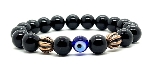 Evil eye Black Onyx bracelet Protective mala beads healing crystal wrist stretch Bracelet 10mm Root Chakra beads Copper healing Bracelet w/copper alloy spacers, Repels negativity