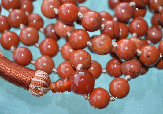 Hand Knotted Red Jasper Mala Necklace - Embrace Strength and Stability - 8mm Beads, 108 Beads - Aries Birthstone, Root Chakra Alignment