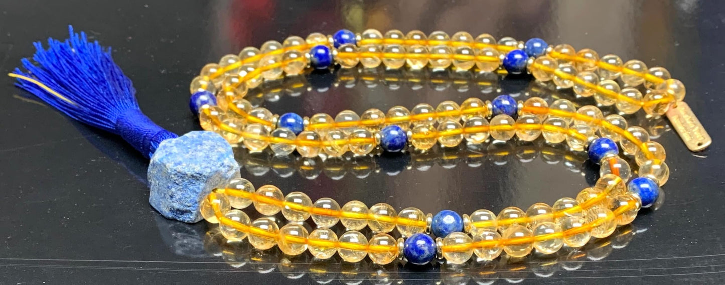 SolSky | Handmade Wisdom Necklace – Natural Citrine & Lapis Lazuli Mala Beads | 8mm 108 Beads | Solar Plexus & Throat Chakras | November & September Birthstones | Ethically Sourced