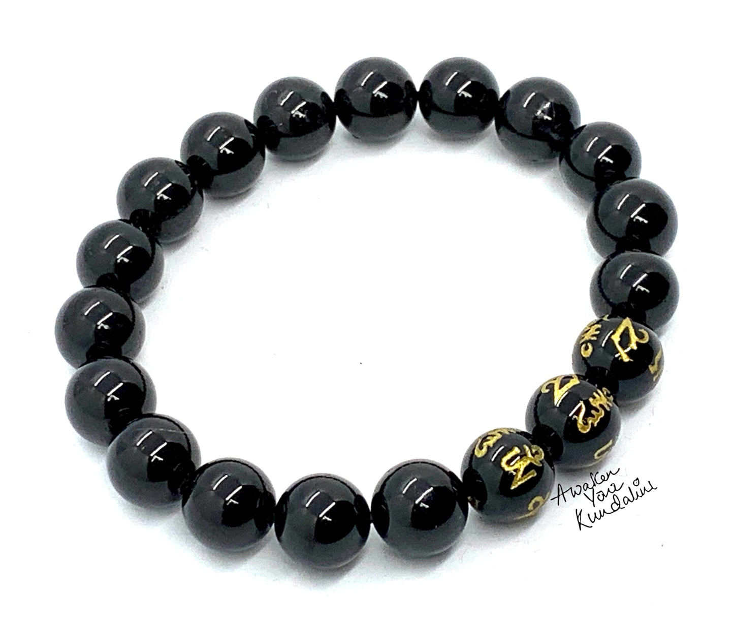 Black Obsidian Buddhist Prayer Beads Stretch Bracelet - Om Mani Padme Hum Mantra Engraved on 3 Center Beads - Scorpio Birthstone for October November - Root Chakra
