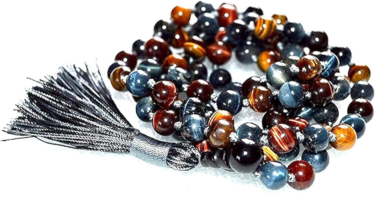 AWAKEN YOUR KUNDALINI Hand Knotted Multi-Color Tiger's Eye and Hawk's Eye Mala Necklace - Embrace Balance and Strength