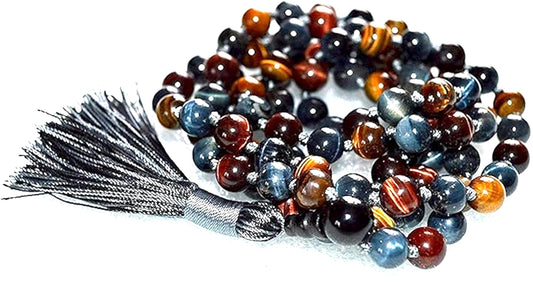 AWAKEN YOUR KUNDALINI Hand Knotted Multi-Color Tiger's Eye and Hawk's Eye Mala Necklace - Embrace Balance and Strength