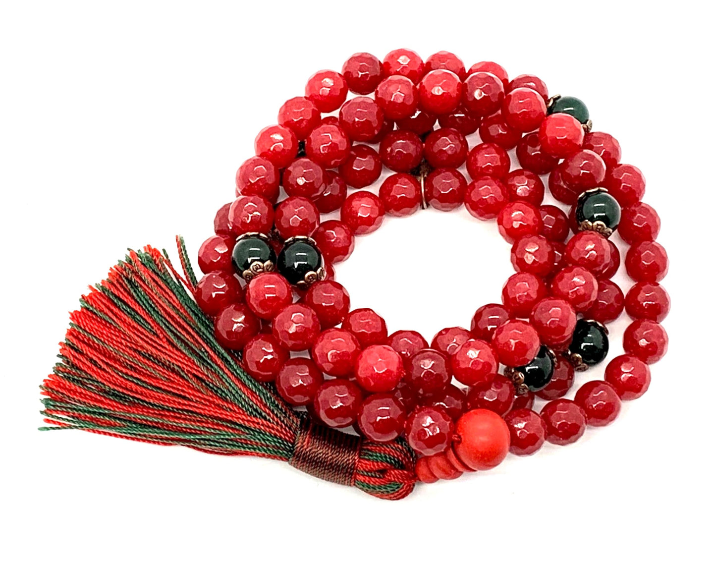 Faceted Red Agate and Green Agate Mala Necklace | 8mm, 108 Beads | August & May Birthstones, Leo & Taurus Zodiac, Heart & Root Chakras