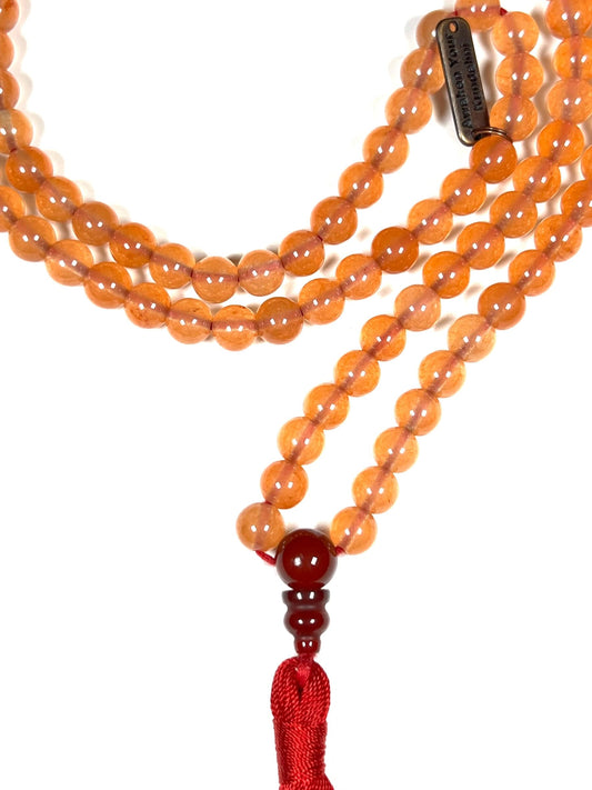 Orange Agate Mala Beads Necklace – 8mm, 108 Beads with Carnelian Guru Bead – Leo Birthstone & Sacral Chakra Energy Beads – Meditation & Yoga Prayer Mala