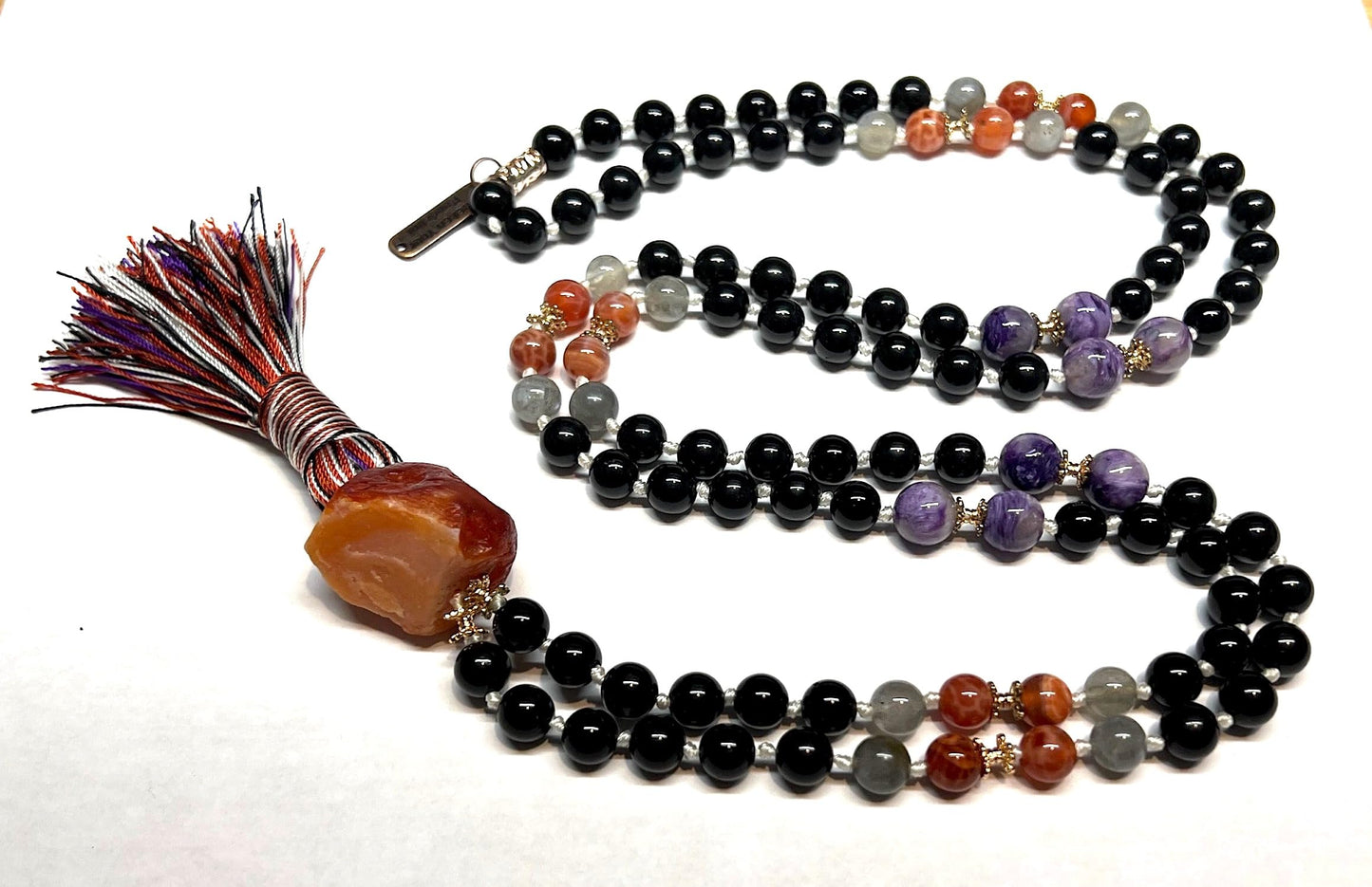 VESTA 108 Hand-Knotted Labradorite, Fire Agate, Tourmaline & Charoite Mala Necklace | Root & Sacral Chakra Healing | Leo, Scorpio & Capricorn Birthstone | Handmade in USA