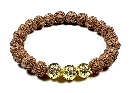 VULCAN Rudraksha & Lava Bracelet | Gold-Plated Stretch | 8mm Beads
