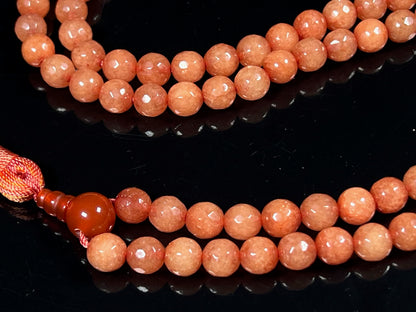 Faceted Orange Jade Mala Beads Necklace – 8mm, 108 Beads – Birthstone & Chakra Energy Beads for Spiritual Practices & Meditation