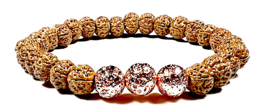 Handmade 5 Mukhi Chikna Rudraksha & Rose Gold Lava Bead Bracelet - Root Chakra Balance & Universal Birthstone - Strength & Harmony