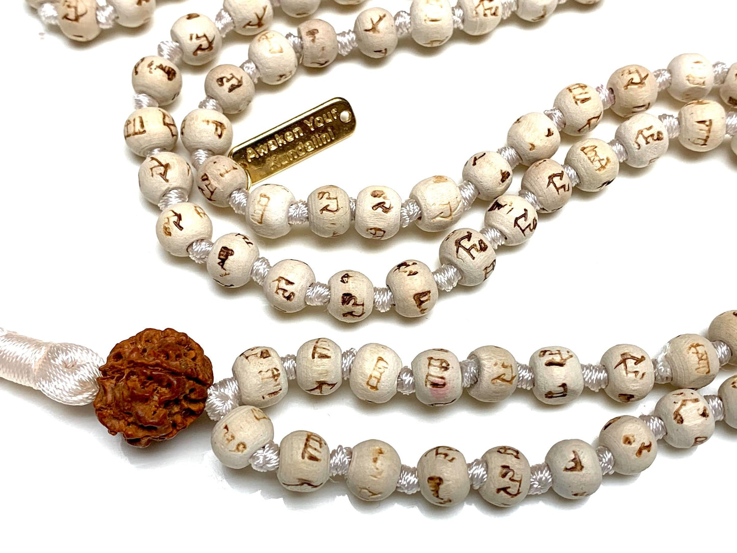 AWAKEN YOUR KUNDALINI Tulsi Rudraksha Mala Necklace - 8mm 108 Prayer Beads Rosary - Spiritual Harmony - White String