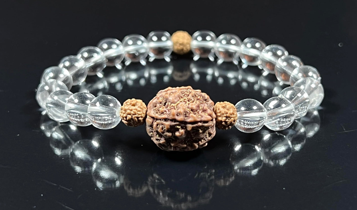 AWAKEN YOUR KUNDALINI Crystal Quartz and 5 Mukhi Rudraksha Stretch Bracelet, Crown Chakra Healing, Clarity and Spiritual Growth