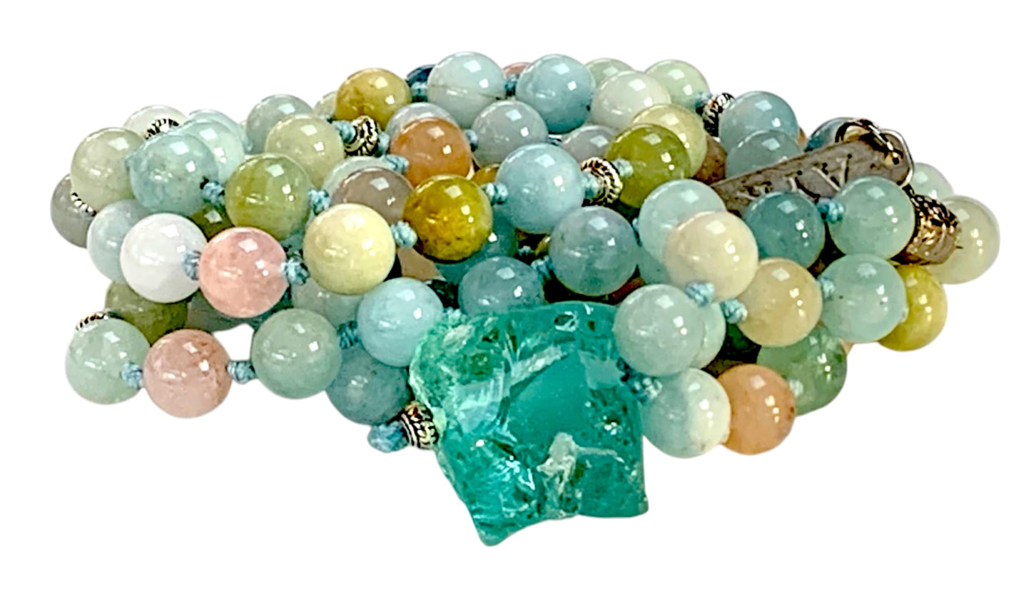 Hand Knotted Amazonite Mala Necklace – 8mm | 108 Beads | Throat & Heart Chakras | March & October Birthstone | Stone of Courage & Truth | Ethically Sourced