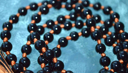 VESTA Black Tourmaline Mala Necklace with Orange Thread | Grounding, Protection & Vitality | 108 Hand-Knotted Beads | Root Chakra | Capricorn Birthstone | Handmade in USA