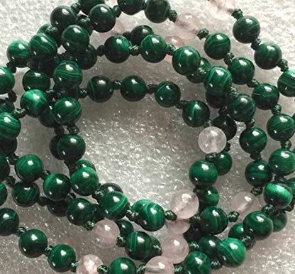 Malachite & Rose Quartz knotted Mala Necklace | GAIA Collection by AYK