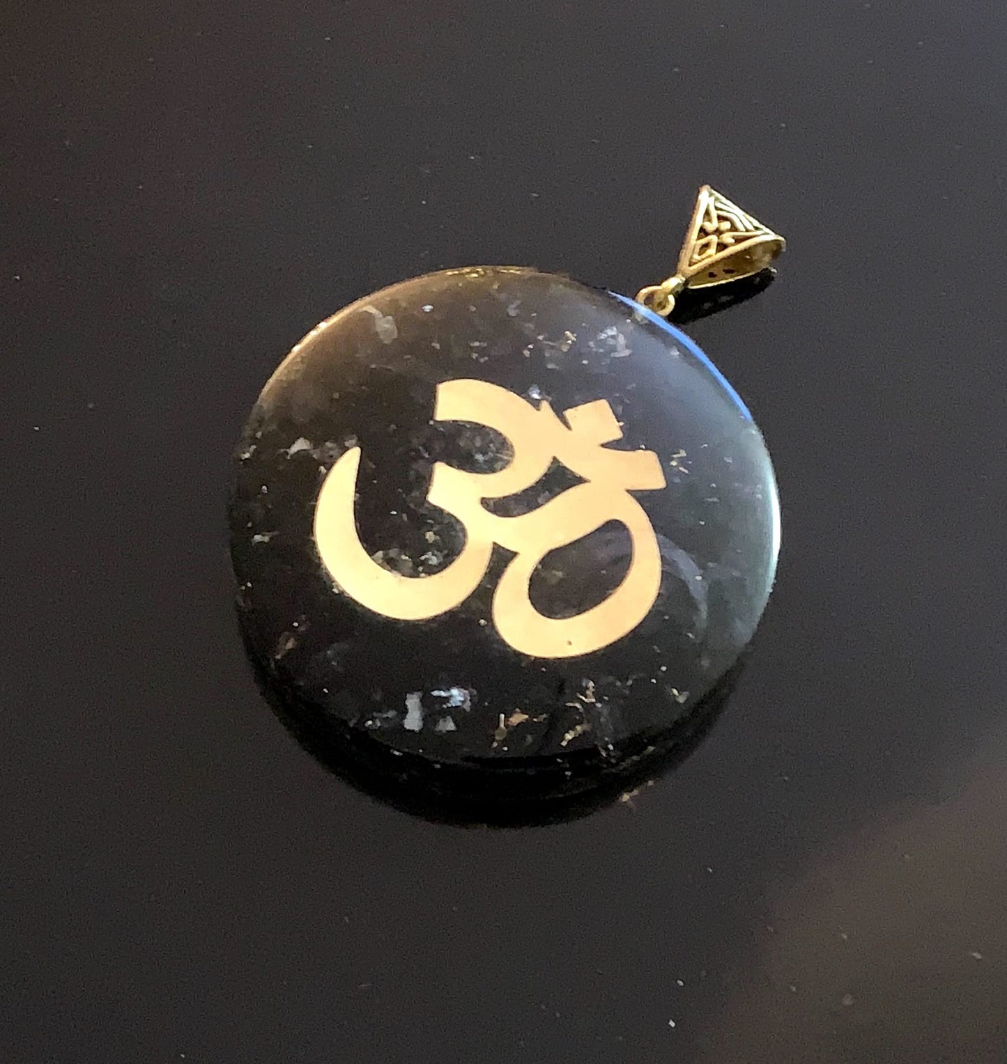 Shungite Om Symbol Orgone Pendant Necklace, 2 Inch Diameter, Aquarius Gemstone, Root & Crown Chakra