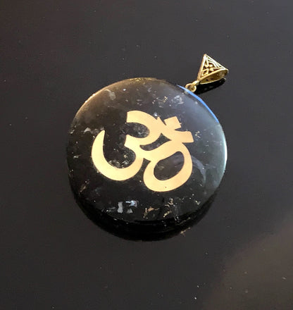 Shungite Om Symbol Orgone Pendant Necklace, 2 Inch Diameter, Aquarius Gemstone, Root & Crown Chakra